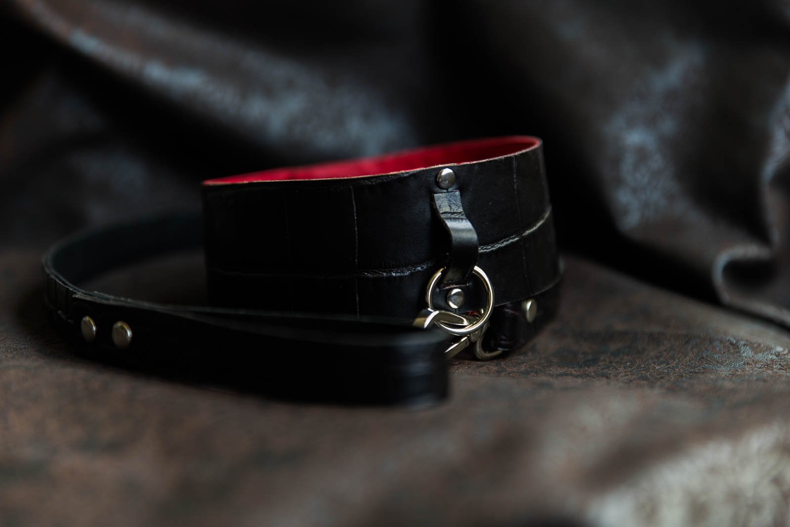 black and cherry collar with a leash